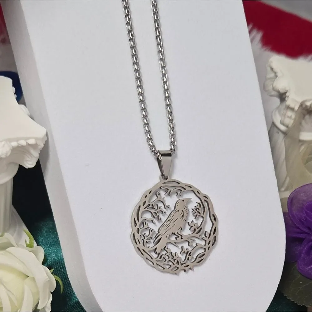 Stainless Steel Raven Crow Tree of Life Pendant Necklace 24
